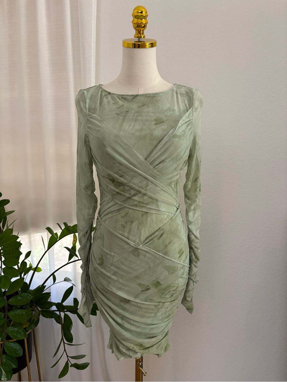Free People Sage Green Long-Sleeve Ruched Wrap-Style Dress